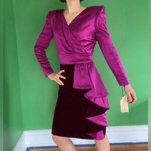 Vintage 90s Patricia Rhodes Purple Pink silk wool blend Wrap Dress ruffle new
